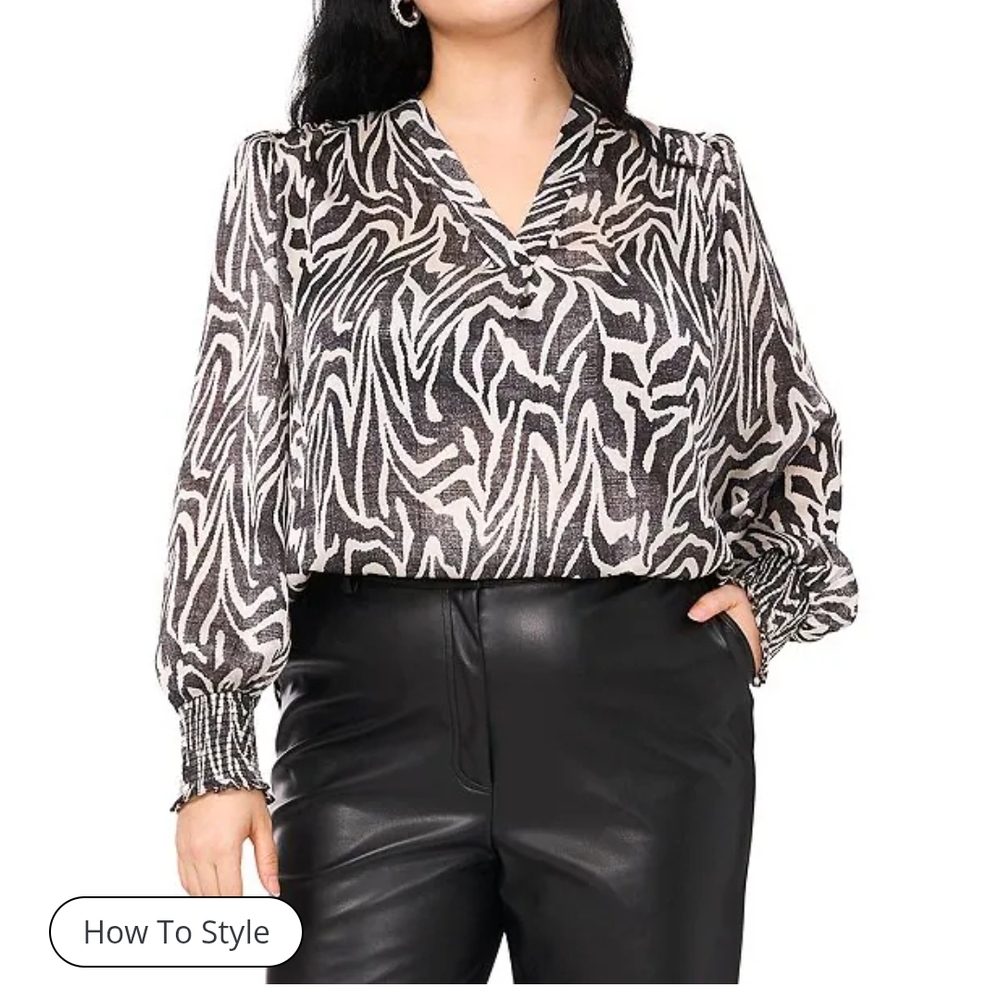 Vince Camuto Plus Size Woven Zebra Print V-Neck Long Sleeve Blouse Size 1X